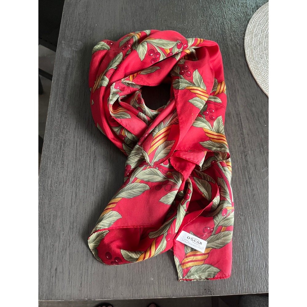 Oscar de la Renta Silk Scarf Red Cherry Botanical Print Square Hand Rolled Edge - Picture 6 of 6